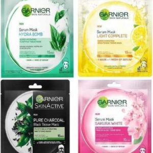 GARNIER Skin Naturals Light Complete (Yellow)+ Pure Charcoal (Black)+ Sakura White (Pink)+ Hydra Bomb (SkyBlue) Serum Sheet Mask Combo 32g*4=(128 g)
