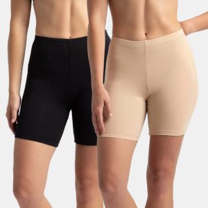 Jockey Pack of 2 High Coverage Super Combed Cotton Elastane Stretch Shorties With Concealed Waistband - Black & Skin