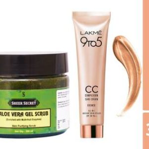 Sheer Secret Aloevera Gel 300ml Scrub 300ml and Lakme 9 to 5 Complexion Care Face Cream 300ml (Bronze, 30 g)(2 Items in the set)