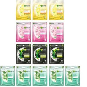 GARNIER Face Sheet Masks, 14pcs | Sheet Masks For Glowing Skin| Green Tea, Sakura, Light Complete and Charcoal Face Masks Combo | Discovery Collection Pack | Festive Pack | Gift Box (Pack of 14 Sheet Mask)(392 g)