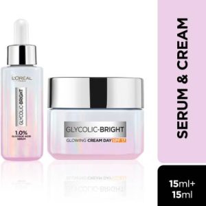 L'Oreal Paris Glycolic Bright Serum 15ml + Day cream 15ml | Anushka's Skin Brightening ComboI(2 tems in the set)