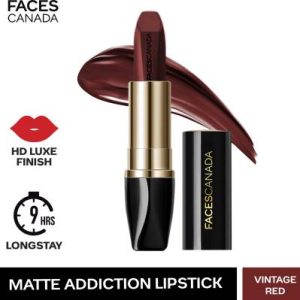 FACES CANADA Matte Addiction Lipstick | HD Luxe Finish | 9HR Longstay | Intense Color Payoff(Vintage Red, 3.7 g)