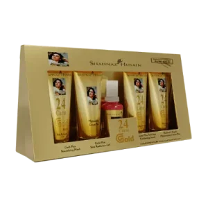 Shahnaz Husain Gold Skin Radiance Timeless Youth 10gx4 Kit (G.Scrub,G.Gel,M.Cream,G.Mask) FREE-Professional Power Skin Tonic 15 Ml