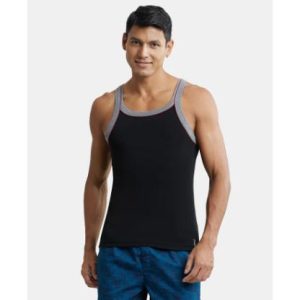 JOCKEY Super Combed Cotton Rib Square Neck Gym Vest with Graphic Print - Black & Grey Melange
