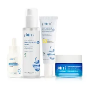 Plum Niacinamide Clear & Bright Skin Combo | With Niacinamide & Rice Water | Toner, Serum, Gel Moisturizer & SPF 50 PA+++ Sunscreen