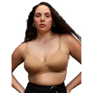 Clovia Women's Cotton Solid Padded Full Cup Wire Free T-Shirt Bra in Beige Colour