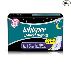 Whisper Maxi Nights Sanitary Pads for Women, XL, Pack of 15 Napkins