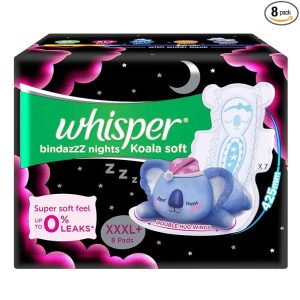 WHISPER BINDAZZZ NIGHTS KOALA SOFT SANITARY PADS, 8 XXXL+ PADS, UPTO 0% LEAKS, 85% LONGER & WIDER BACK, SUPER SOFT TOPSHEET, DOUBLE HUG WINGS, DISPOSABLE WRAPPER, for women