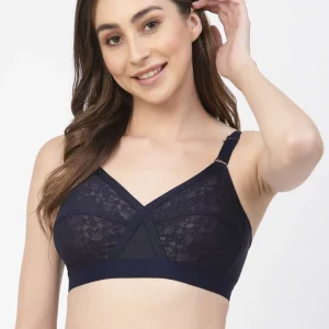 Floret Women's Cross-Elastic Lace Bra | Non-Padded | Non-Wired | Full Coverage | T3096 Navy Blue
