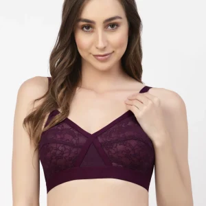 Floret Women's Cross-Elastic Lace Bra | Non-Padded | Non-Wired | Full Coverage | T3096 Wine