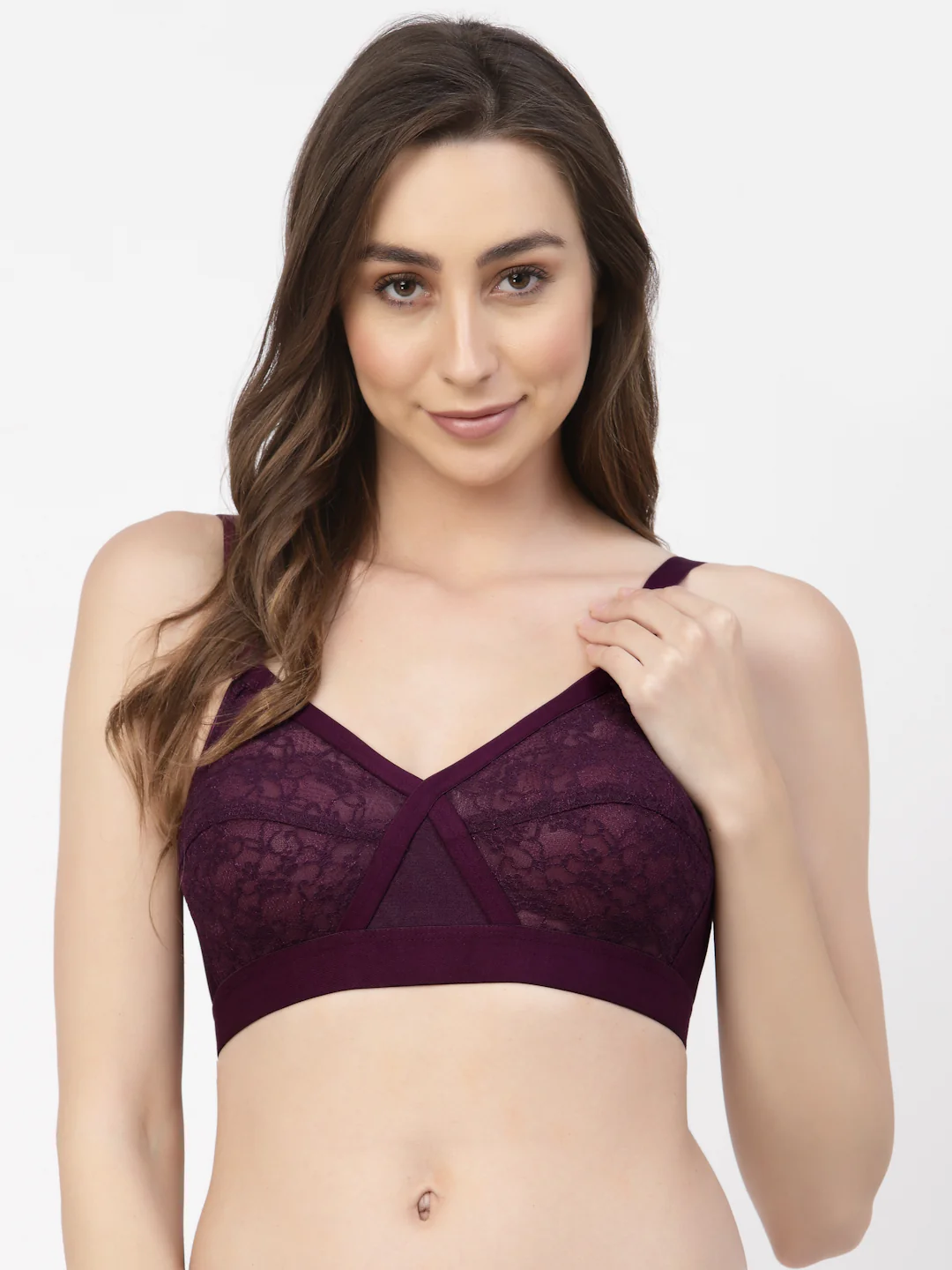 Floret Women's Cross-Elastic Lace Bra | Non-Padded | Non-Wired | Full Coverage | T3096 Wine