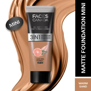 FACES CANADA All Day Hydra Matte Foundation (Mini) | 3IN1 Foundation + Moisturizer + SPF30 | 10HR Long Wear | Buildable Coverage | Warm Sand 15 ml