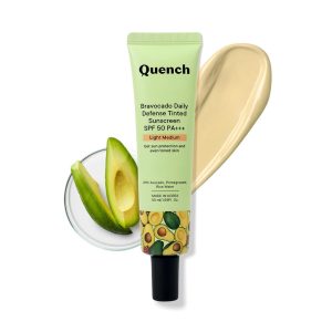 QUENCH BOTANICS Quench Daily Defense Tinted Sunscreen SPF 50 PA+++ for Glowing Skin with Avocado & 2% Niacinamide |Normal Blue Light Protection | Satin-Matte Finish | Made in Korea(Light Medium, 50ml)