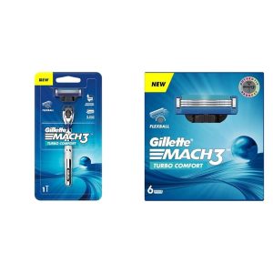 Gillette Mach3 Turbo Men's Razor With Flexball Technology | Pack Of 1 Razor And Turbo 3 Shaving Blades- Pack Of 6 (Cartridges)