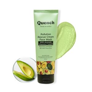 QUENCH BOTANICS Quench Pollution Rescue Cream Face Wash with Vitamin E & Avocado | Gently Exfoliates Skin to Revive Dullness | Rich Foamy Korean Cleanser | Made in Korea (100ml)