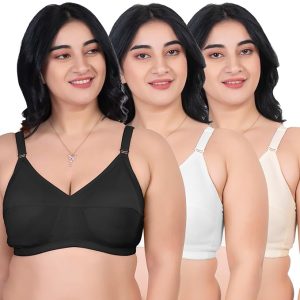 SOUMINIE - 100% Cotton Everyday Bra - Non-Padded - Minimizer - Full Coverage - Wireless, Regular Straps - Seamed Bra (Pack of 3)