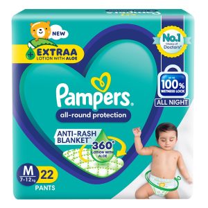 Pampers All round Protection Pants, Medium size baby diapers (MD) 22 Count, Anti Rash diapers, Lotion with Aloe Vera