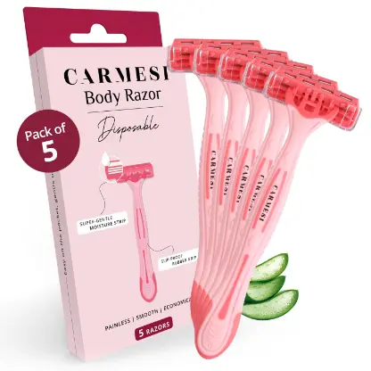 Carmesi Disposable Body Razors for Women - Pack of 5 | Aloe Vera & Vitamin E Moisture Strip For Smooth & Painless Hair Removal | Slip-Proof Rubber Grip | Safe, Hygienic & Economical