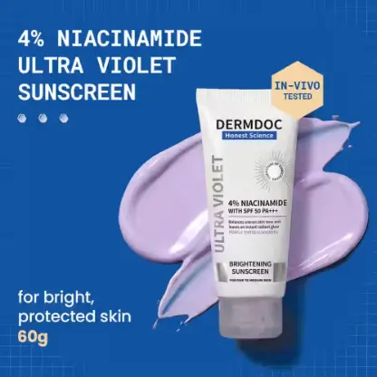 DERMDOC 4% Niacinamide Ultra Violet Brightening Sunscreen with SPF 50 PA+++ Sun Protection (60 gm) | Sunblock | Sunscreen for Oily Skin | UV Protection | With Shine Formula | Purple Tinted Sunscreen