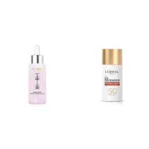 L’Oréal Paris Glycolic Bright 8% [Melasyl TM + Glycolic + Niacinamide] face serum for Dark Spot & Brightening, 15ml + L’Oreal Paris UV Defender Invisible Resist Daily Sunscreen SPF50+ PA++++, 50ml