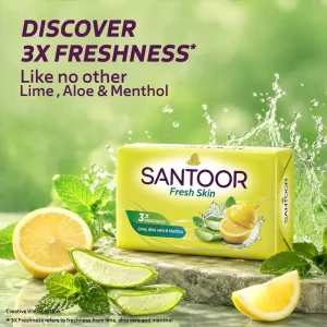 Santoor Fresh Skin Aloe Vera & Lime Bathing Soap with Nourishing & Anti-Aging Properties| For Smooth & Soft and Younger-Looking Skin| For All Skin Types| 125g