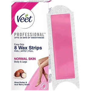 Veet Ready To Use Wax Strips For Normal Skin - Up To 28 days Of Smoothness, 8 pcs (Get 2 Post Finish Wipes)