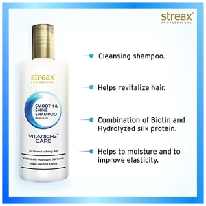 Streax Professional Vitariche Care Smooth & Shine Shampoo - With Hydrolyzed Silk Protein, For Normal To Frizzy Hair, 300 ml