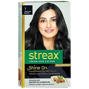 Streax Cream Hair Colour - With Shine On Conditioner, For Smooth & Shiny Hair, No Ammonia, 60 ml Natural Black